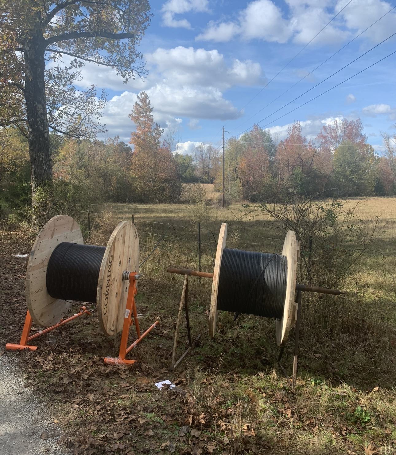 Fiber reels staged for outside plant deployment
