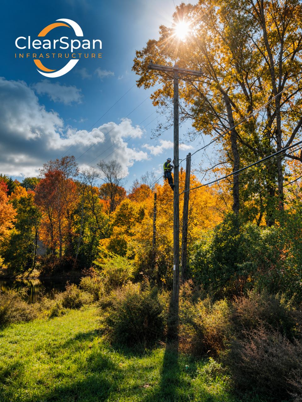 ClearSpan lineman climbing a pole on a wooded fiber route